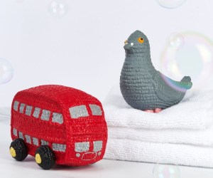 Natural rubber red double decker bus baby toy with grey windows and white and black wheels
